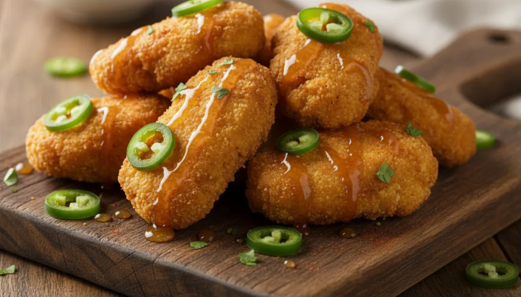 A plate of golden crispy vegan cauliflower wings drizzled with a glossy honey-jalapeño sauce and garnished with fresh ja