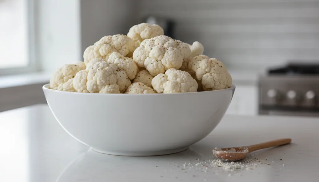 Fresh cauliflower florets seasoned and coated with a light batter ready for frying