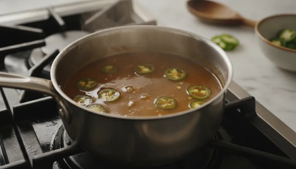 A small saucepan with a vegan honey-jalapeño sauce simmering on the stove showing its glossy texture