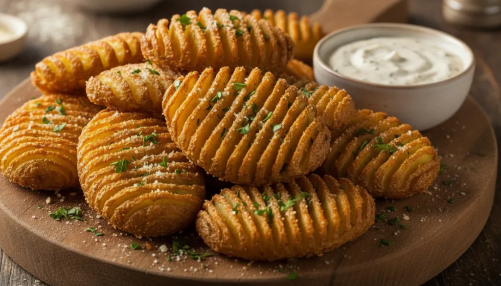 Crispy golden-brown accordion potatoes perfectly fanned out garnished with fresh parsley and a dusting of plant-based Pa
