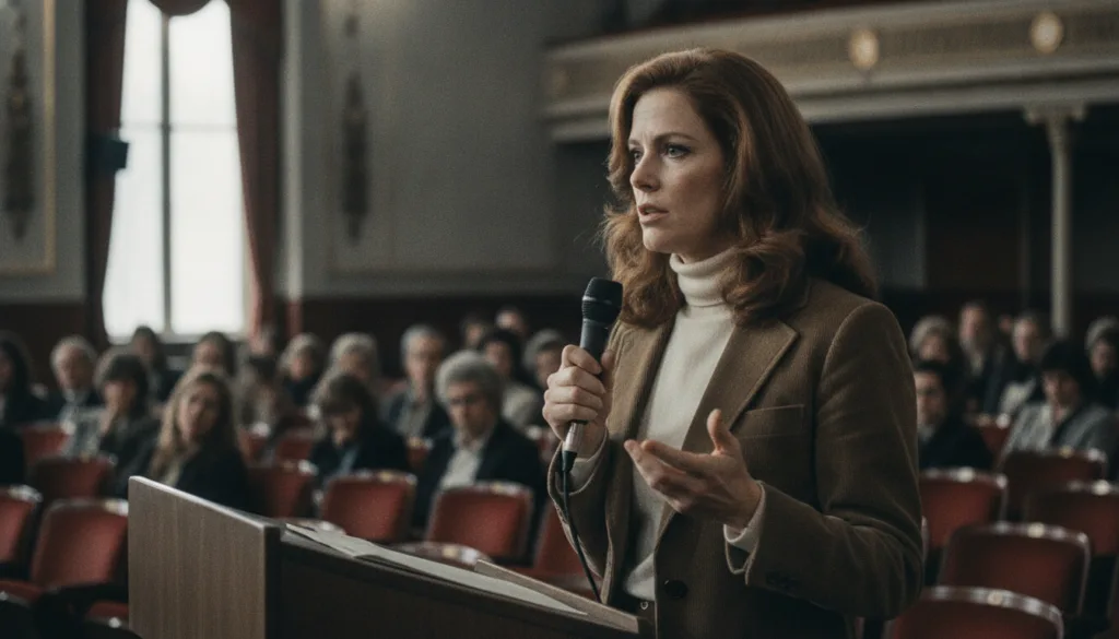A real archival photo of Susan Sarandon at a public event or speaking engagement looking engaged and thoughtful perhaps 