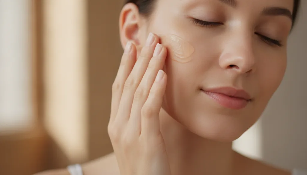 A woman gently massaging a thin layer of the homemade balm onto her cheek showing a glowing effect