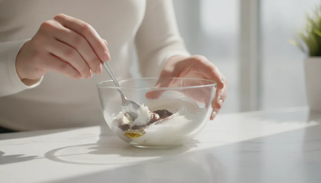 A woman s hands mixing petroleum jelly baby oil and coffee grounds in a small glass bowl with a spoon