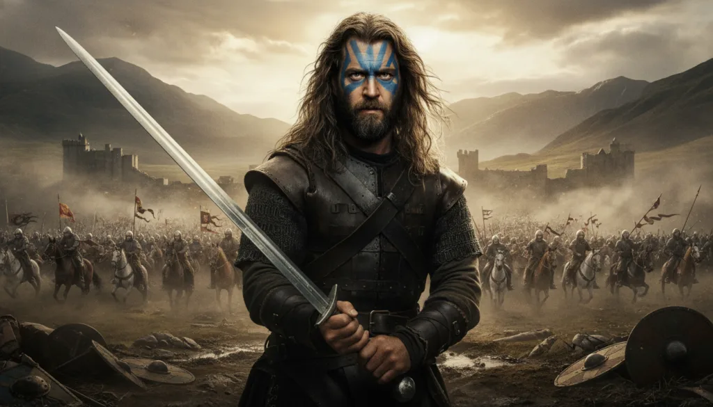 A real movie poster for Braveheart featuring Mel Gibson in character as William Wallace