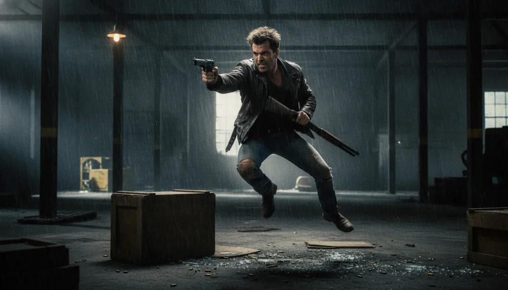 A real film still of Mel Gibson as Martin Riggs from the Lethal Weapon movie series looking intense or mid-action