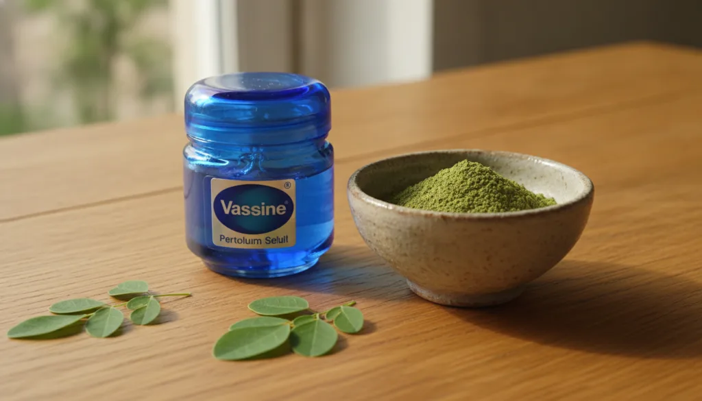 A close-up of a jar of Vaseline petroleum jelly next to a small bowl of green moringa powder with fresh moringa leaves s