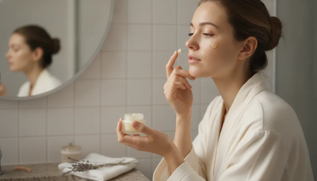 A woman gently applying a small amount of the Vaseline and olive oil mixture to her face before bed showing a serene and