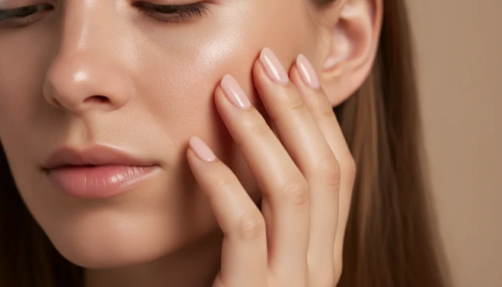 A close-up of a woman s hand gently touching her smooth radiant cheek with a soft healthy glow implying the results of t