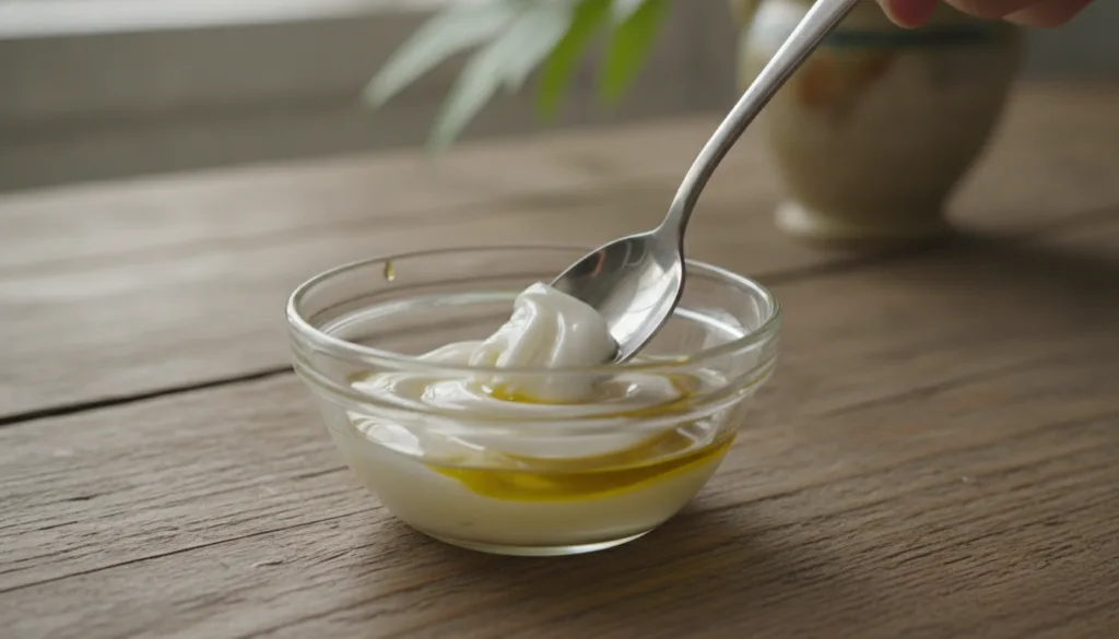 A small glass bowl with a spoon mixing Vaseline and olive oil to create a smooth creamy texture The ingredients are clea