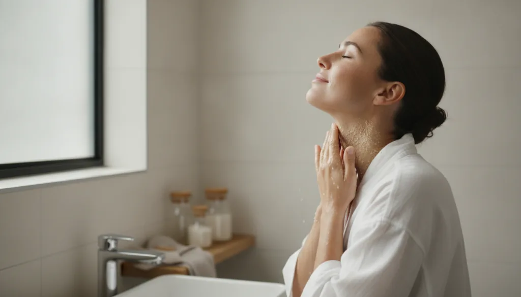 A woman gently rinsing off a homemade paste from her neck showing clean smooth skin