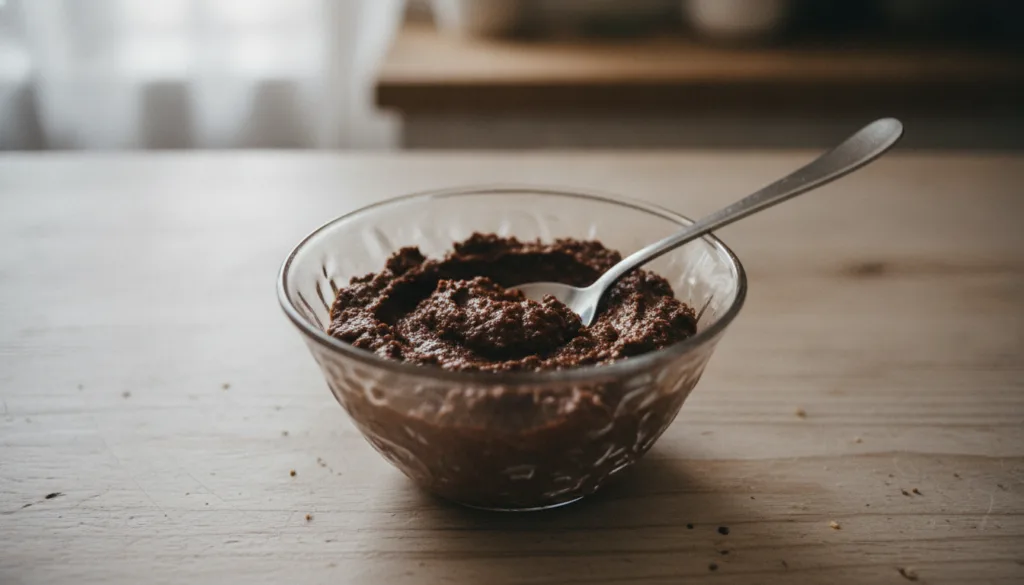 A small glass bowl containing a dark brown granular paste with a spoon ready for application