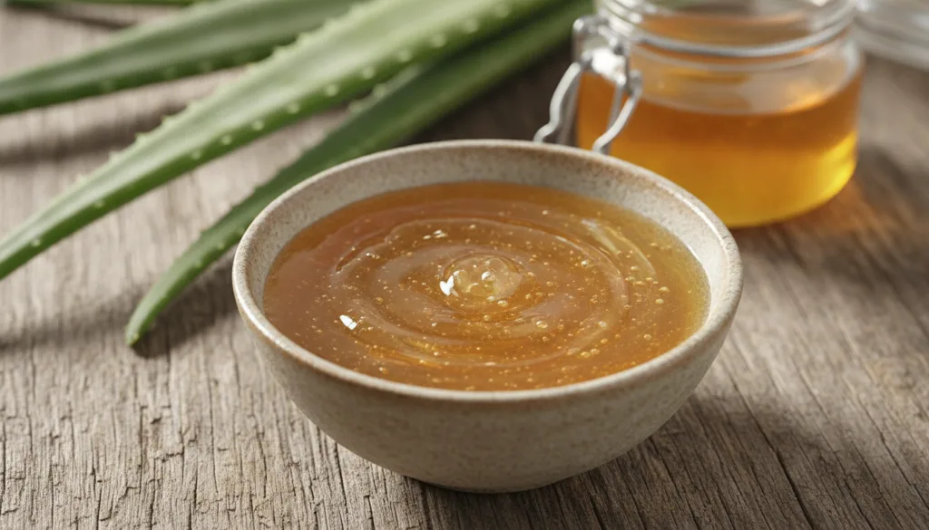 A close-up of a bowl containing a mixture of honey and aloe vera gel with fresh aloe vera leaves and a jar of honey in t