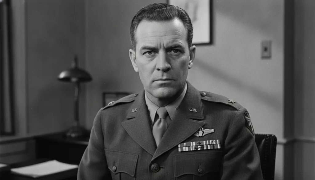 Black and white archival photo of James Stewart in military uniform during World War II