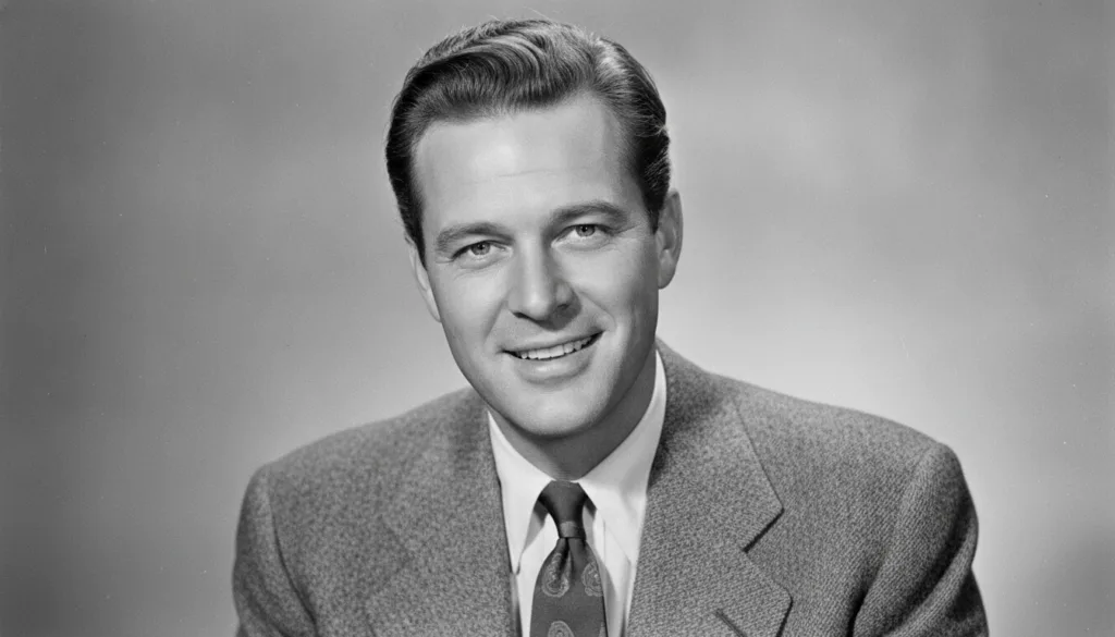 Vintage publicity photo of James Stewart with a warm approachable smile in a casual suit