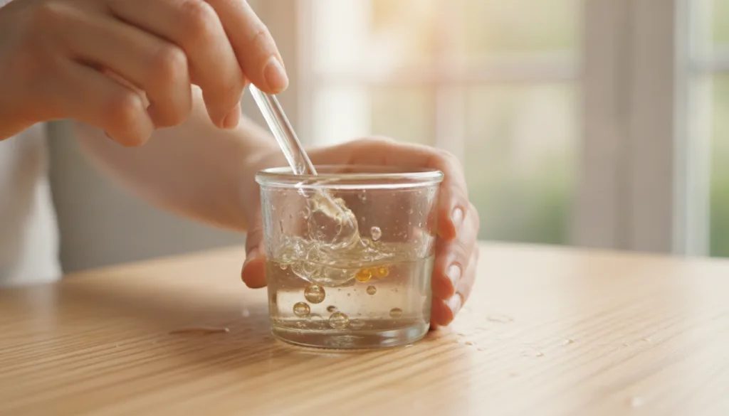 A close-up of a person s hands mixing aloe vera gel and vitamin E oil in a small glass jar with a soft warm light from b
