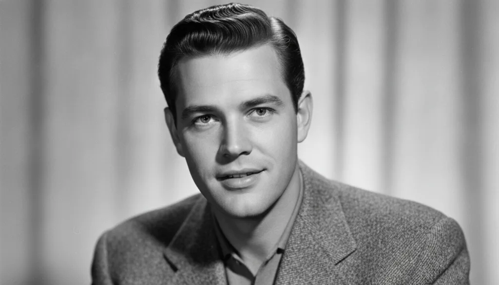A black and white publicity photo of a young Rock Hudson from the early 1950s looking handsome and serious suitable for 