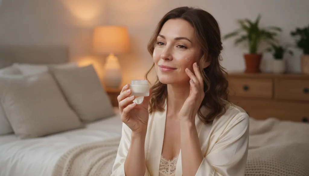 A woman gently applying a homemade night gel to her face with glowing soft skin Ingredients like a jar of Vaseline and V