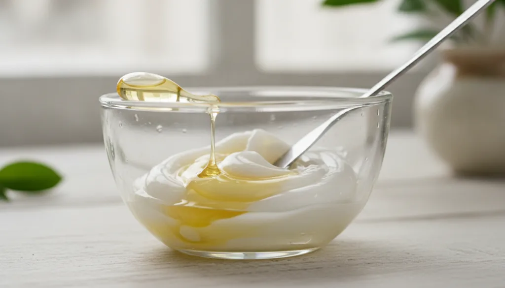 Close-up shot of a small bowl containing Vaseline being mixed with the golden oil squeezed from Vitamin E softgels using