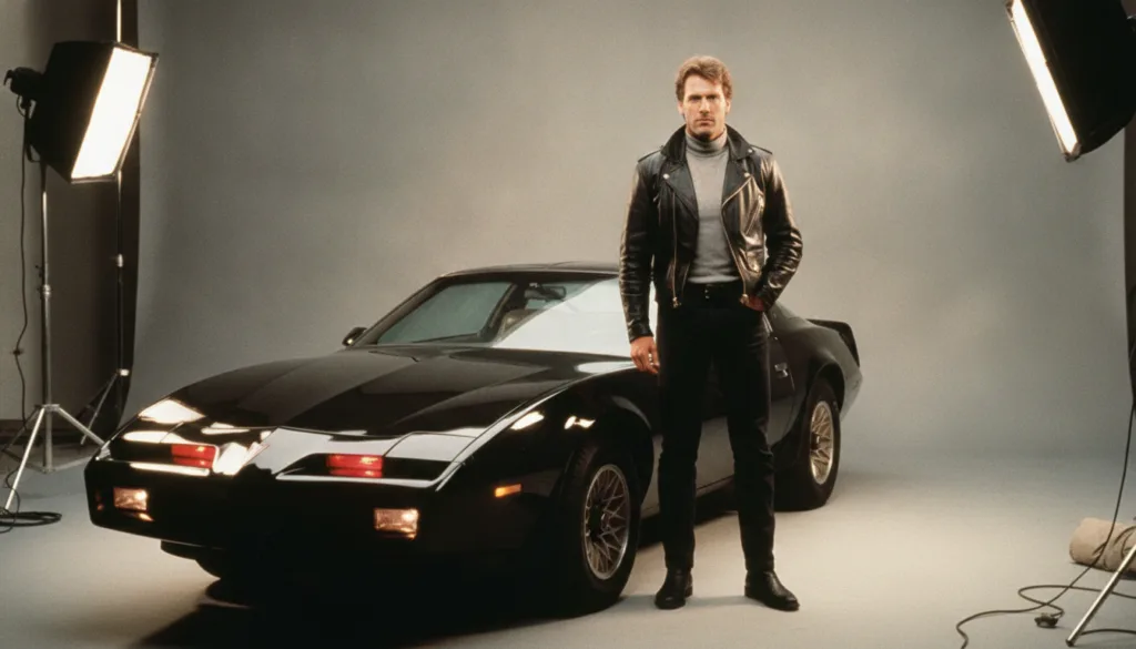 A real publicity photo of David Hasselhoff from the 1980s portraying Michael Knight from the TV show Knight Rider standi