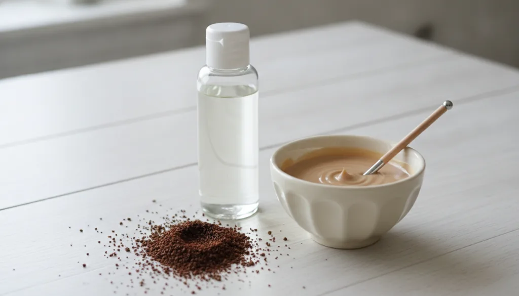 A close-up shot of coffee grounds next to a bottle of baby oil on a clean light surface with a small mixing bowl contain