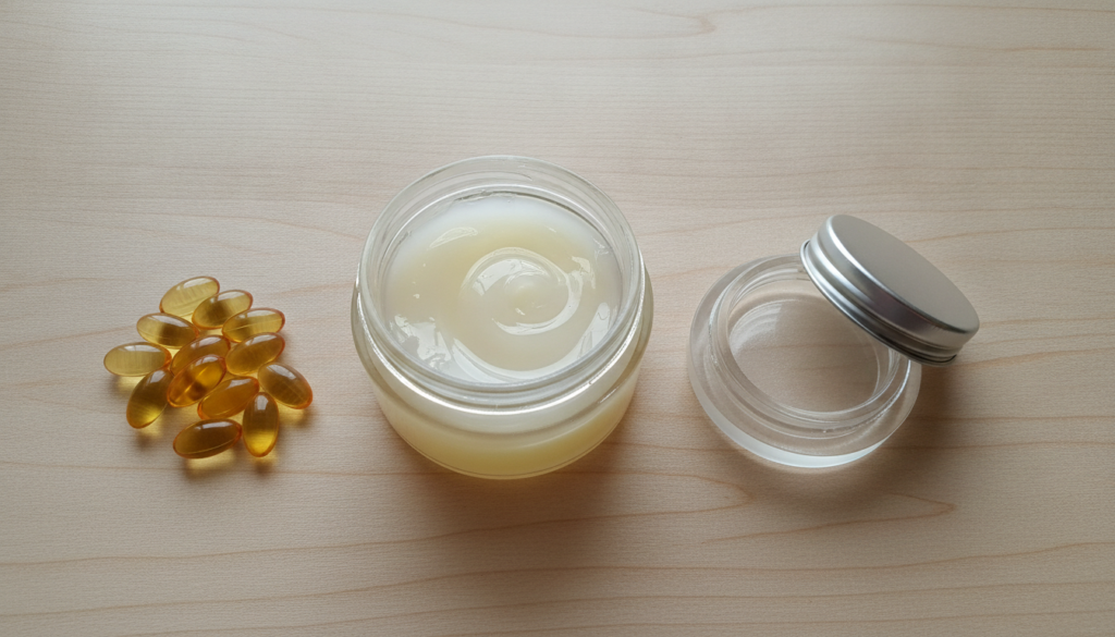 Ingredients for the DIY night treatment an open jar of Vaseline petroleum jelly a few golden Vitamin E softgel capsules