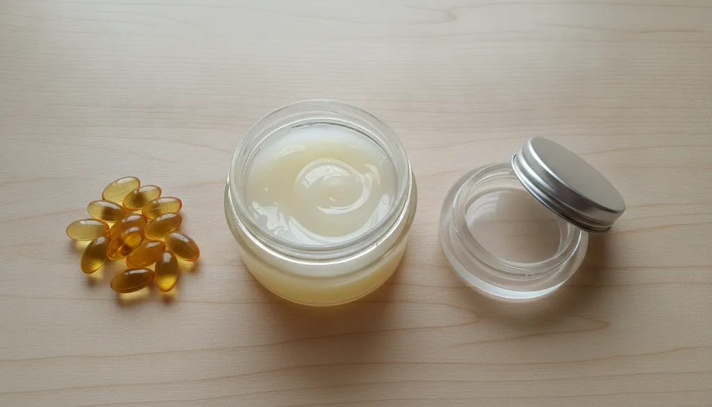 Ingredients for the DIY night treatment an open jar of Vaseline petroleum jelly a few golden Vitamin E softgel capsules 