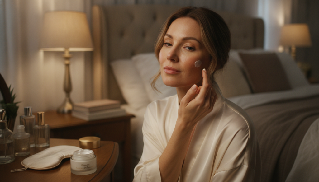 A beautiful woman in her late 30s or early 40s gently applying a rich night cream or balm to her face eyes closed with a