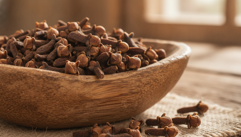 Close-up of dried cloves showcasing their rich brown color and texture perhaps in a small wooden bowl