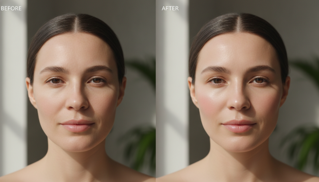 A before and after split image showing a woman s face The before side shows mild fine lines and dullness while the after