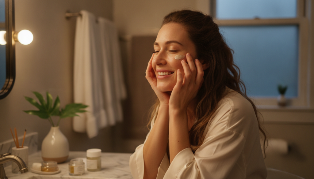A woman gently applying a small amount of the Vaseline and Vitamin E mixture to her face specifically targeting the unde