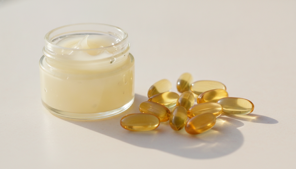 Close-up of a small glass jar containing Vaseline and a few golden Vitamin E softgel capsules next to it on a clean ligh