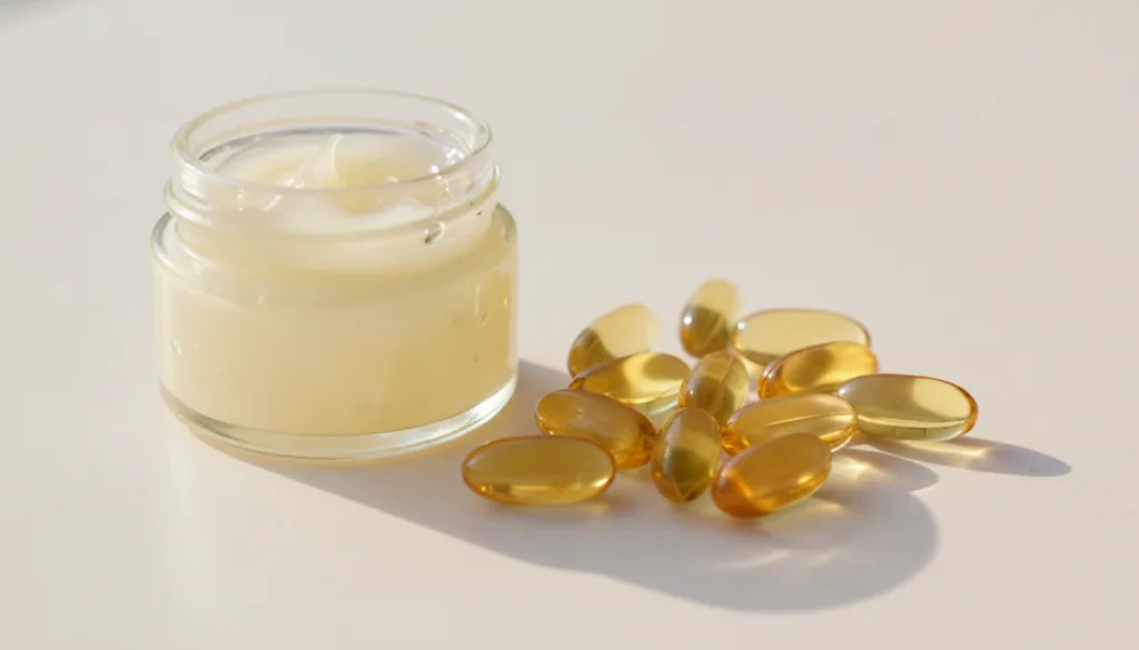 Close-up of a small glass jar containing Vaseline and a few golden Vitamin E softgel capsules next to it on a clean ligh