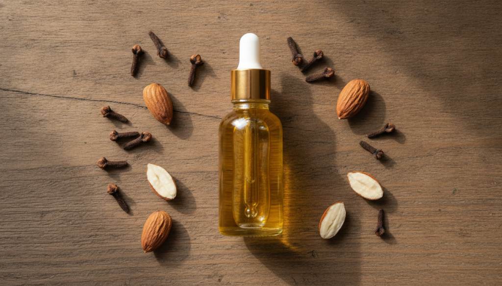 A beautiful glass bottle filled with golden homemade collagen oil surrounded by whole cloves and almond nuts on a rustic