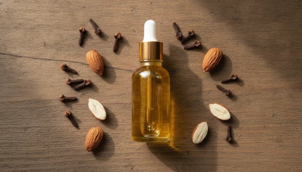 A beautiful glass bottle filled with golden homemade collagen oil surrounded by whole cloves and almond nuts on a rustic