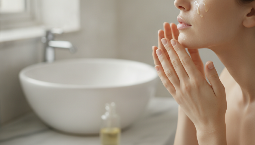 Hands gently massaging homemade collagen oil onto a woman s face in an upward motion showing glowing healthy skin in a s