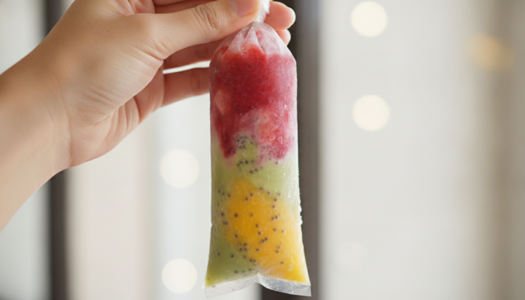 Close-up of a hand holding a clear plastic ice candy bag filled with a vibrant frozen mixture illustrating the simplicit