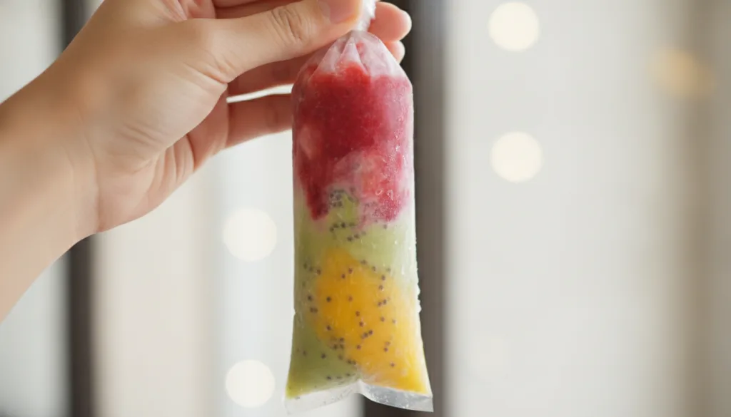 Close-up of a hand holding a clear plastic ice candy bag filled with a vibrant frozen mixture illustrating the simplicit
