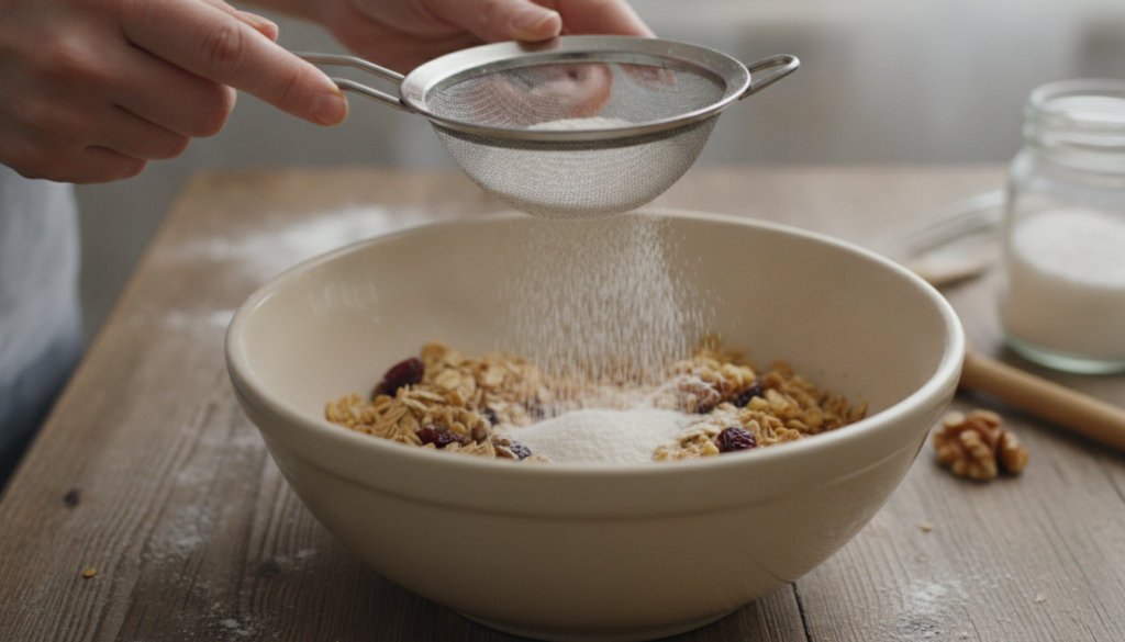 A baker adding fine oat flour to a mixing bowl with other baking ingredients demonstrating its use for delicate recipes 
