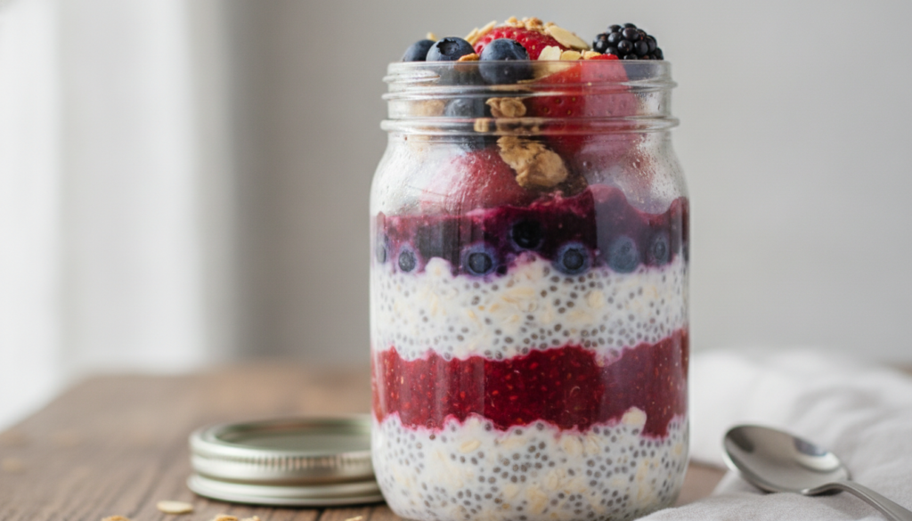 A close-up of a jar of overnight oats prepared using the Ingredients Layered method showing distinct vibrant layers of o