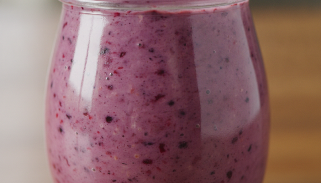 A close-up of a jar of overnight oats prepared using the Everything Mixed method showcasing a smooth creamy and uniform 