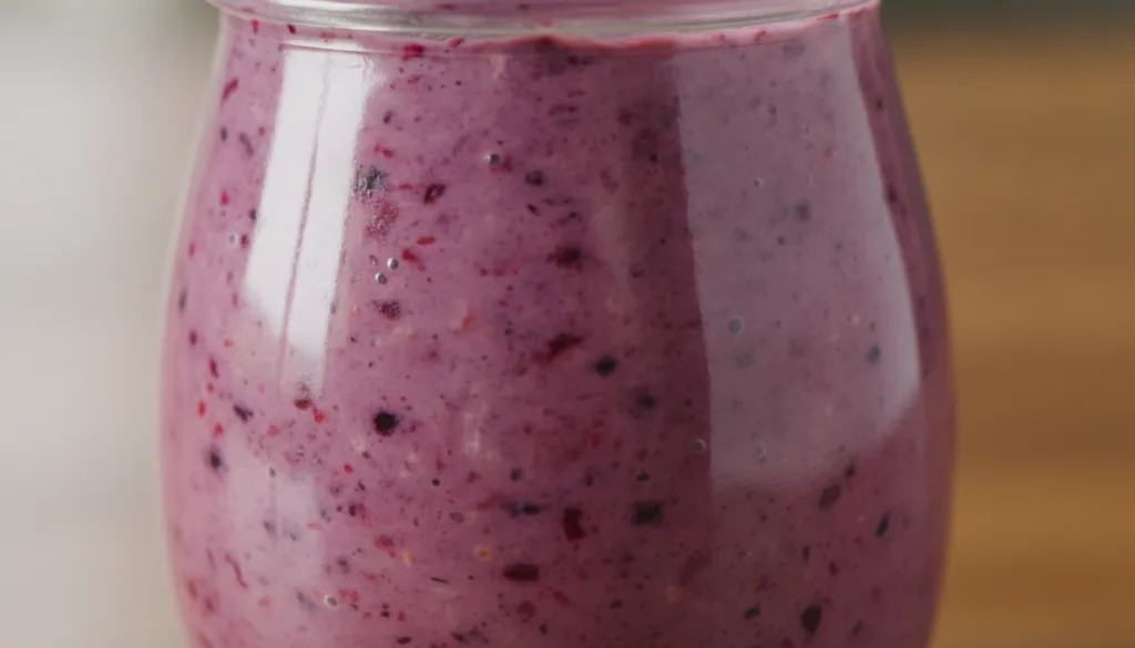 A close-up of a jar of overnight oats prepared using the Everything Mixed method showcasing a smooth creamy and uniform 