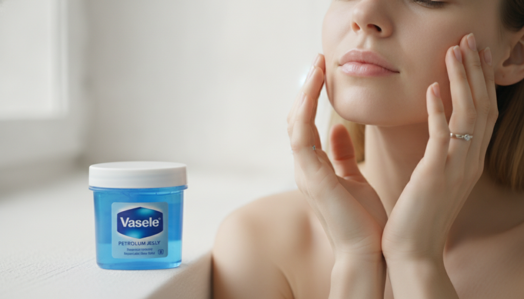 A small classic blue tub of Vaseline Petroleum Jelly placed next to a woman s hand gently touching her glowing smooth ch