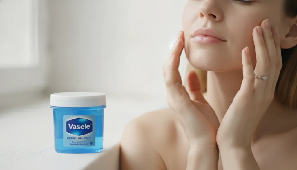 A small classic blue tub of Vaseline Petroleum Jelly placed next to a woman s hand gently touching her glowing smooth ch
