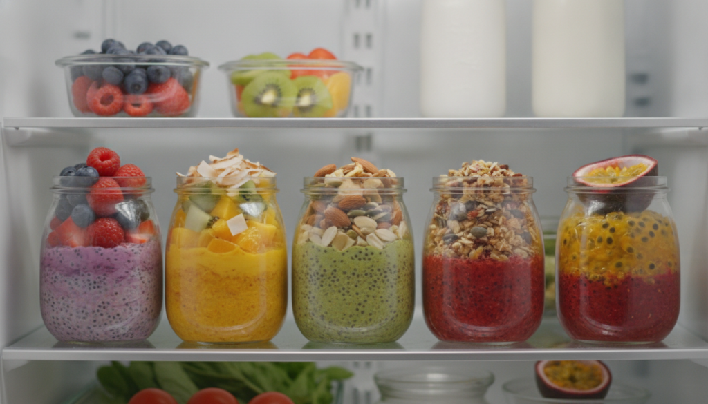 A variety of beautifully prepared overnight oats in different glass jars some with fresh fruit and nuts neatly arranged 