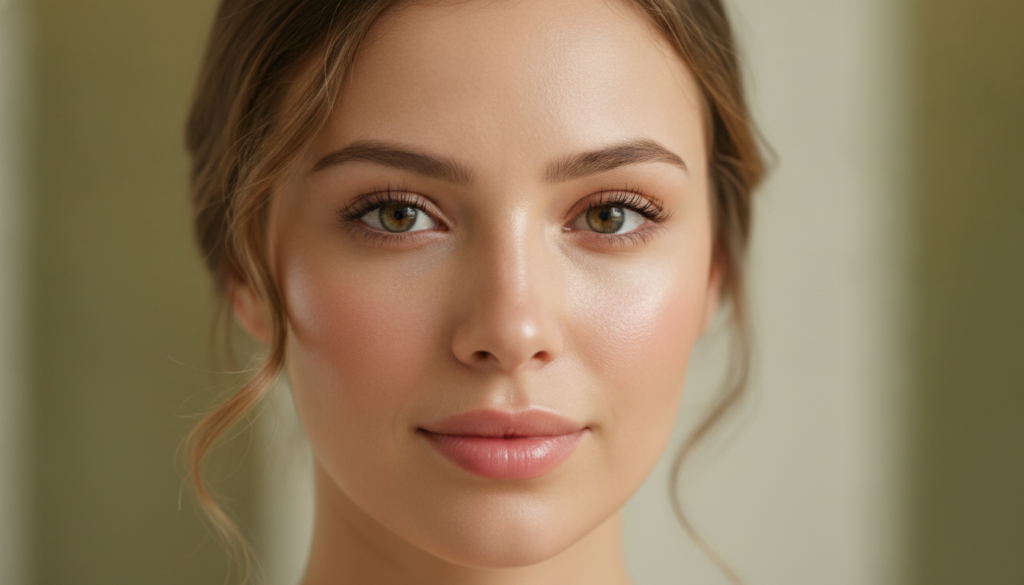 A woman s face close up with clear glowing skin after using a face mask Her complexion looks bright and even-toned