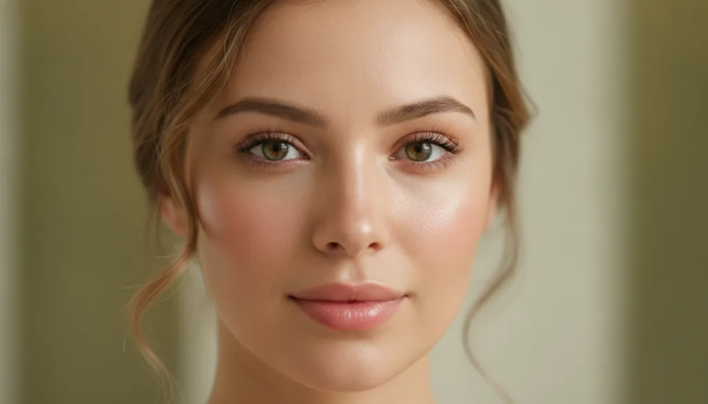 A woman s face close up with clear glowing skin after using a face mask Her complexion looks bright and even-toned