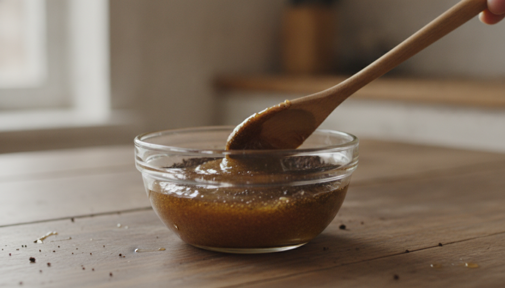 Close-up of a small bowl containing coffee grounds and honey being stirred into a thick paste Ingredients are visibly di