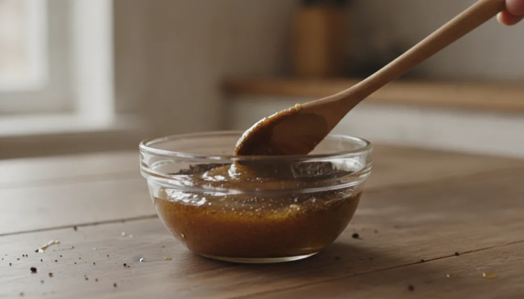 Close-up of a small bowl containing coffee grounds and honey being stirred into a thick paste Ingredients are visibly di
