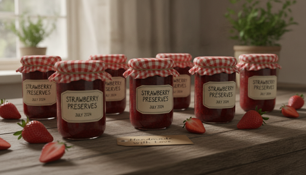 Several neatly labeled jars of homemade strawberry preserves are arranged on a rustic wooden table with fresh strawberri