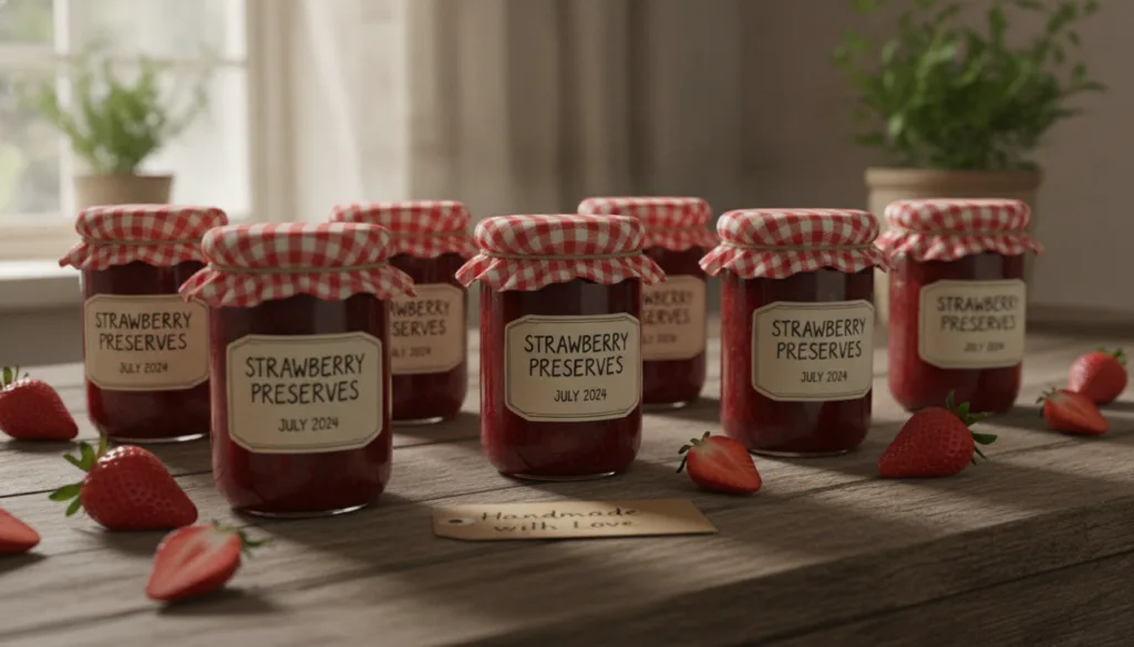 Several neatly labeled jars of homemade strawberry preserves are arranged on a rustic wooden table with fresh strawberri